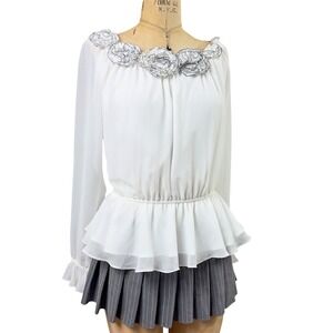 Coquette Peplum Rosette Chiffon Blouse Sheer Bishop Sleeve Satin Bow Victorian 8